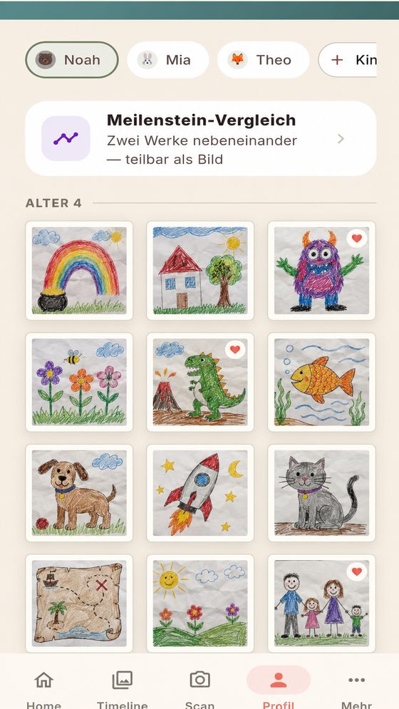 Zeitstrahl mit allen Kunstwerken eines Kindes