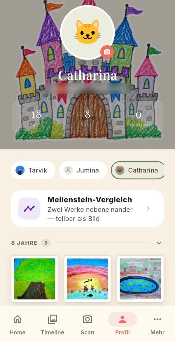 Album eines Kindes mit gemaltem Schloss als Titelbild, Alter und Meilenstein-Vergleich