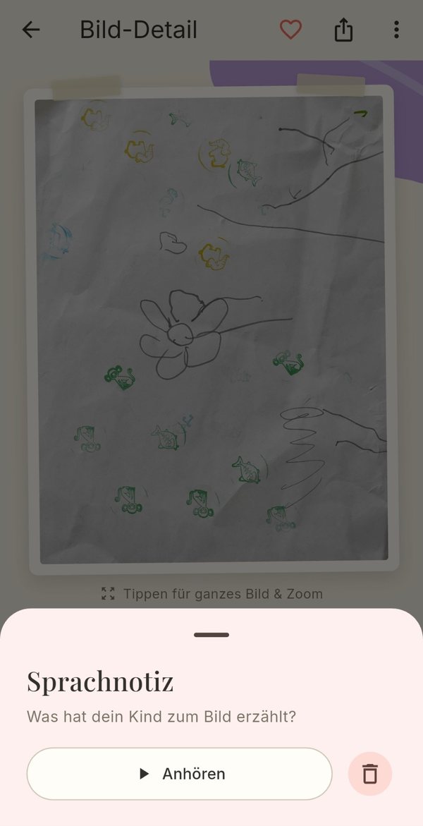 Kritzelschatz Bild-Detail mit abspielbarer Sprachnotiz unter der Kinderzeichnung