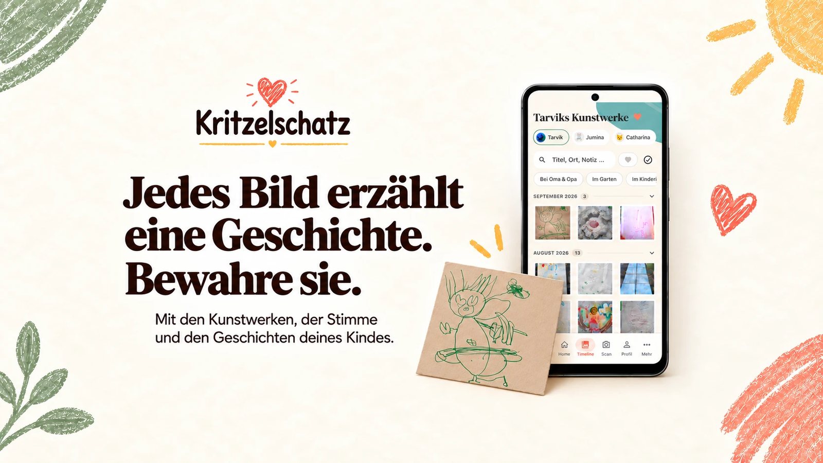 Kritzelschatz: Jedes Bild erzählt eine Geschichte. Bewahre sie. Handy mit der Kunstwerke-Übersicht neben einer Kinderzeichnung