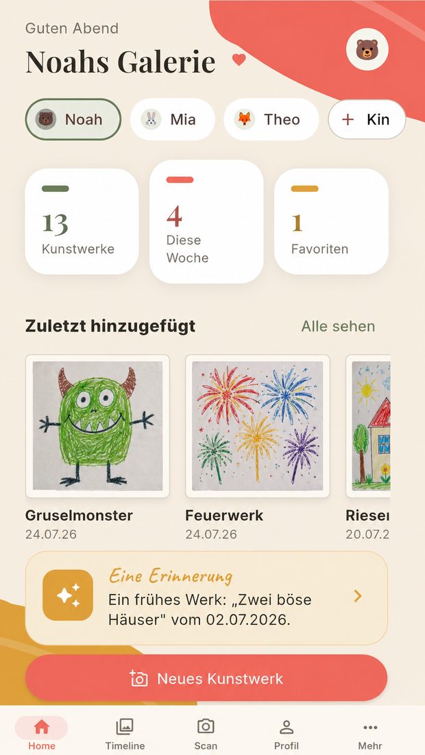 Kritzelschatz Startseite mit dem Album eines Kindes